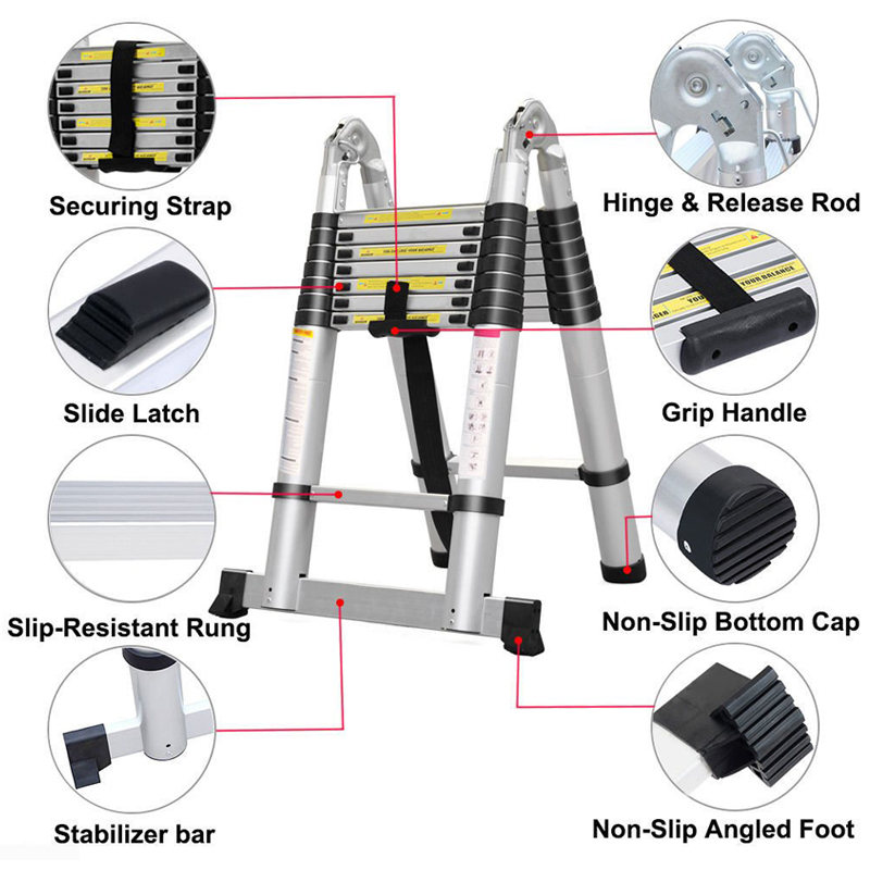 Silver And Black Double Side Telescopic Aluminum Ladder