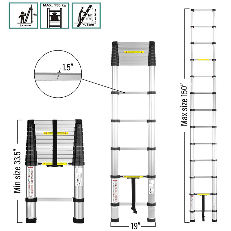 3.8m/12.5 FT One Button Retraction Aluminum Telescopic Slow Down Design Multi-Purpose Ladder